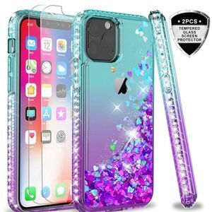 NEW LeYi iPhone 11 Pro Max Case W/ 2 Tempered Glass Protectors Teal Glitter